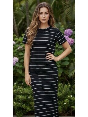 BANANA REPUBLIC NWOT Women’s Striped T-Shirt Midi Dress in Black|Beige-Medium